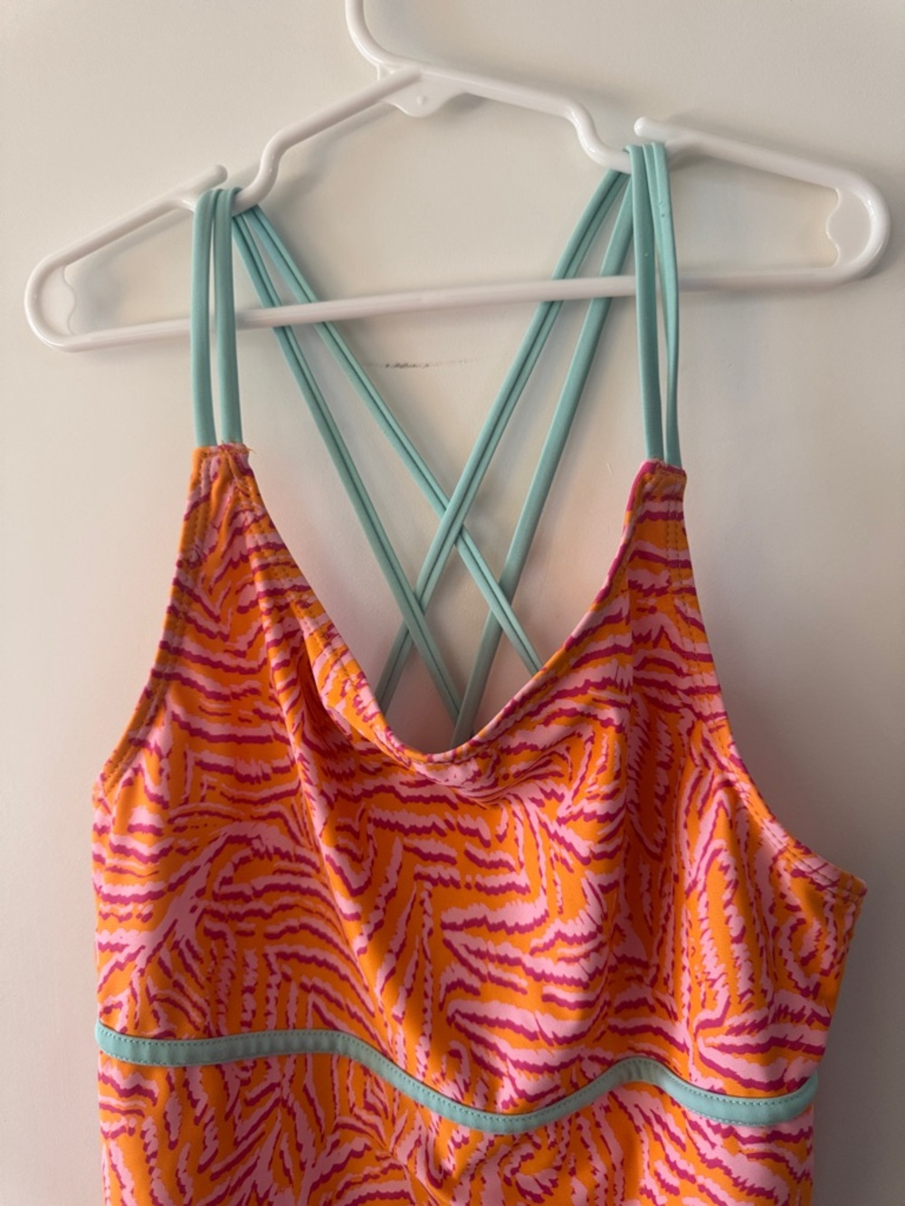 Girls Spyder Large (12/14) One Piece Orange/Pink Swimsuit, Teal cross Straps - Picture 3 of 5